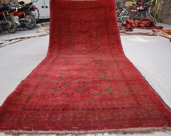 3'8x7'5 ft breiter Läuferteppich, afghanischer handgemachter geometrischer Buchara-Wollteppich - Roter Orientteppich - Turkmenischer Stammes-Vintage-Teppich - Eingangsläufer 4x8