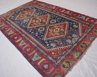 4x6 ft Antique Caucasian Geometric design Navy Blue Red Vintage Rug, Afghan Hand Knotted Wool Oriental rug, Rug for Living Room, Bedroom Rug