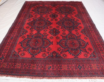 Alfombra vintage geométrica grande 5x7 - Alfombra de lana de pelo alto de diseño caucásico afgano - Auténtica alfombra roja hecha a mano, Alfombra turcomana oriental, Alfombra de dormitorio