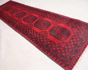 3x10 Afghan Vintage Runner Rug - Turkmen Handmade Wool Runner Rug - Oriental Red Rug - Tribal Ersari Rug - Hallway Runner - Kitchen Runner