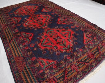 Alfombra de área geométrica vintage 4x6 - Alfombra oriental de lana anudada a mano afgana - Alfombra tribal turcomana antigua - Alfombra baluchi roja negra - Alfombra de dormitorio