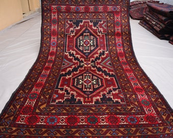Alfombra de área geométrica vintage 4x6 - Alfombra oriental de lana anudada a mano afgana - Alfombra tribal turcomana antigua - Alfombra baluchi roja negra - Alfombra de dormitorio