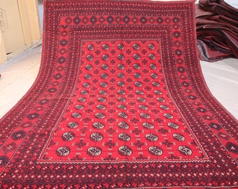 Alfombra afgana Bukhara 7x10 - Alfombra de lana anudada a mano turcomana - Alfombra roja vintage de pila alta - Alfombra tribal, alfombra de área oriental - Alfombra para sala de estar