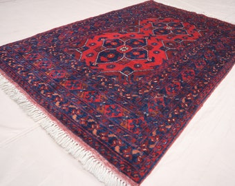 Alfombra de área geométrica vintage 3x5 - Alfombra oriental de lana anudada a mano afgana - Alfombra tribal antigua - Alfombra Bukhara descolorida roja turcomana - Alfombra de dormitorio