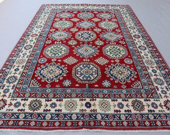 6x8 Red Afghan Kazak Rug - Geometric Hand Knotted Natural dyes Wool Medallion Rug - Oriental Area Rug, Traditional Art rug - Bedroom Carpet