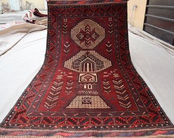 Alfombra tribal vintage de 2'8x5 pies - tintes 100% naturales lana hecha a mano alfombra de pelo alto - alfombra oriental afgana - alfombra geométrica baluchi roja beige
