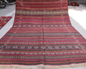 Alfombra Kilim a rayas turcomana antigua 4'2x5'6 ft Alfombra de tejido plano de lana hecha a mano afgana - Alfombra de área oriental - Alfombra vintage tribal, Alfombra de oficina de dormitorio