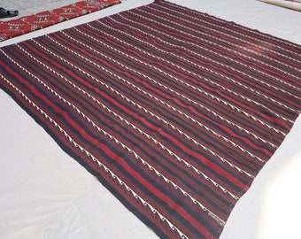 7x7 antiker quadratischer Kelim-Teppich – 6'9x7'2 ft afghanischer handgefertigter Wollteppich – Gabbeh-Streifendesign, flachgewebter Boho-Turkmenen-Stammes-Rot-Orange-Teppich