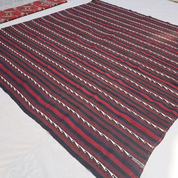 7x7 Antique Square Kilim Rug - 6'9x7'2 ft Afghan Handmade Wool Area Rug - Gabbeh Striped design Flatweave Boho Turkmen Tribal Red Orange Rug