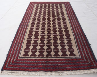 2'9x4'10 ft Tribal Vintage Area Rug - 100% tintes naturales lana hecha a mano alfombra de pelo alto - alfombra oriental afgana - alfombra baluchi roja gris beige