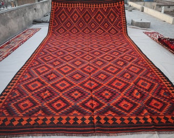 Alfombra Kilim naranja roja afgana antigua grande de 8x16, alfombra de área Kilim de tejido plano, alfombra de sala de estar de gran tamaño de diseño geométrico, alfombra turcomana oriental