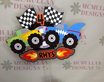 Personalised Monster Trucks Cake Topper, Any Age and Name.