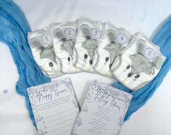 Blue Safari Nappy Game for Baby Showers - Includes 5 Nappies, Answer Sheets & Filling Ideas