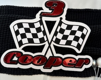 Personalised Racing Flag Cake Topper: Glitter Birthday Party Decor