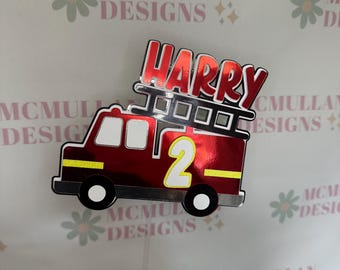 Personalised Fire Engine Cake Topper, Any Name and Age, Boys Birthday Cake Decor.