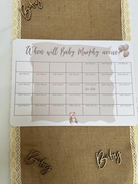 Personalised Guess The Due Date Game: Neutral Baby Shower, A4 Size Print.