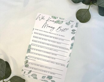 Eucalyptus Baby Shower Game, Who Knows Mummy Well, 10 Pack