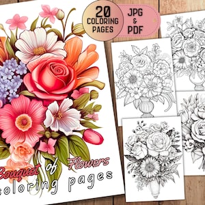 20 Enchanted Bouquet of Flowers Coloring Page, Floral Coloring Book, Flower Coloring Book, Adult Coloring Page, Kids Coloring Book