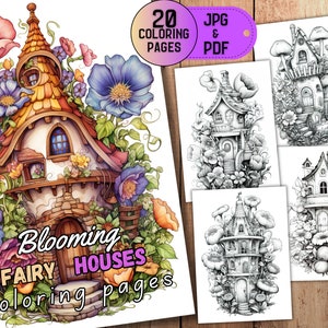 20 Blooming Fairy House Coloring Pages - Fantasy Coloring Pages -  Adults Kids Coloring Pages - Grayscale - Digital Download -PDF -JPEG