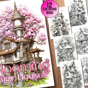 12 Blooming Fairy Houses Coloring Pages - Fantasy Coloring Pages -  Adults Kids Coloring Pages - Grayscale - Digital Download -PDF -JPEG