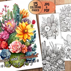 15 Floral Cactus and Succulent Coloring Page, Floral Coloring Page, Botanical Fantasy Coloring Pages, Coloring Book For Adult and Kids