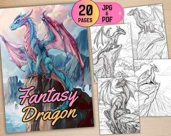 20 Libro para colorear de dragones de fantasía para adultos, Páginas para colorear de dragones de fantasía de alto detalle, Coloración de fantasía, Coloración de dragones, Coloración en PDF