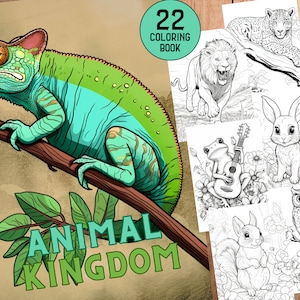 22 Animal Kingdom Coloring Pages - Adult Kids Coloring Pages - Grayscale - Animals From Forest -Digital Download -JPG -PDF