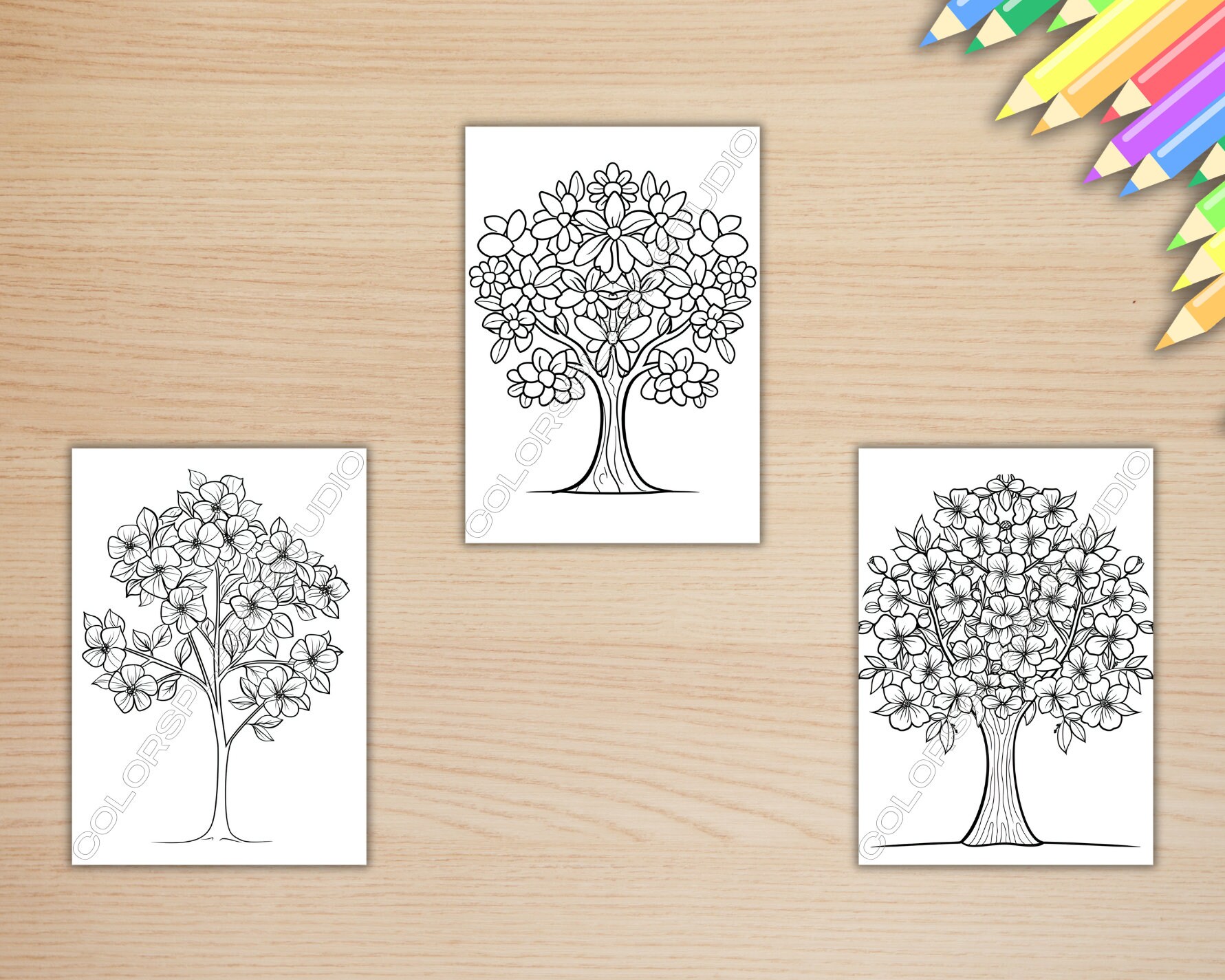 20 Blooming Flower Trees Coloring Book for Kids and Adults, Floral Tree ...