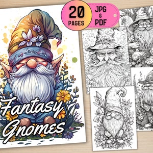 20 Fantasy Gnomes Coloring Pages for Adults, Fantasy Coloring, Garden Gnomes Coloring, Printable Coloring, Digital Download, Coloring App