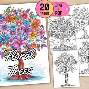 20 Blooming Flower Trees Coloring Book for Kids and Adults, Floral Tree Coloring, Flower Coloring, Tree Coloring, JPG and PDF Files