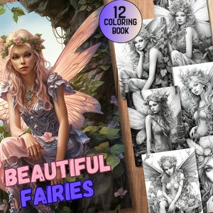 12 Beautiful Fairies Coloring Pages Set 01 | Adult Kids Coloring Pages - Grayscale -Digital Download -JPG -PDF