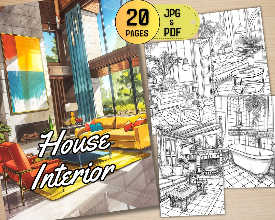 20 House Interior Coloring Pages, Adult Coloring Book, House Decoration, Bathroom, Living Room ...