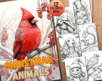 11+1 Cute Christmas Animals Coloring Pages Set 02 - Printable Coloring Pages - Grayscale Coloring Book - A4 - US Letter -PDF - JPEG