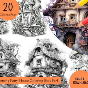 20 Fairy House Coloring Page - Fantasy Coloring Pages -  Adults Kids Coloring Pages - Grayscale Coloring Book - Digital Download -PDF -JPEG