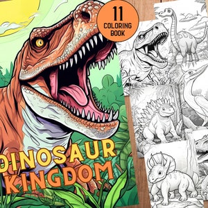 11 Dinosaur Kingdom Expedition Coloring Pages |  Adult Kids Coloring Pages - Grayscale - Dinosaur from Jungle -Digital Download -JPG -PDF