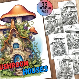 33 Mushroom House Coloring Pages Pt.1 Kids & Adult Coloring - Printable Coloring Pages - Grayscale Coloring Book - A4 - US Letter -PDF -JPEG