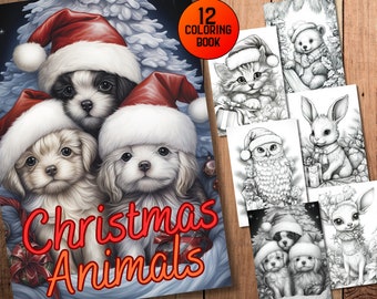 12 Cute Christmas Animal Coloring Book Pt.2 | Adult & Kids Coloring Pages - Grayscale -Digital Download -JPG -PDF