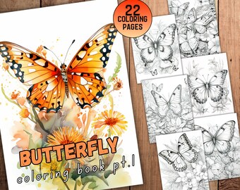 22 Butterfly Coloring Pages Set Pt.1 | Adult Kids Coloring Pages - Grayscale -Digital Download -JPG -PDF