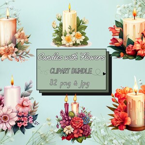 32 Candles with Flowers Clipart, Spring Clipart, Scented Candles Clipart, Flower Clipart, Commercial Use Clipart, JPG & PNG Clipart