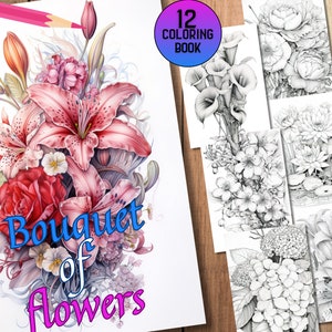 12 Ramo de páginas para colorear de flores - Páginas para colorear imprimibles - Libro para colorear en escala de grises - A4 - Carta de EE. UU. -PDF - JPEG - Compatible con pigmentos