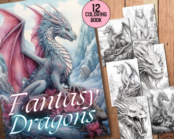 12 Realistic Fantasy Dragon Coloring Book Pt.1 | Adult & Kids Coloring Pages - Grayscale -Digital Download -JPG -PDF