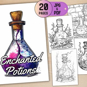 Puede incluir: Un libro para colorear con 20 páginas de pociones mágicas. La portada presenta una botella de poción colorida con el texto "Pociones Encantadas".