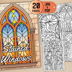 20 Stained Window Glass Coloring Pages for Kids and Adults, Digital Download Printable Coloring, JPG & PDF Files, Coloring App Ready
