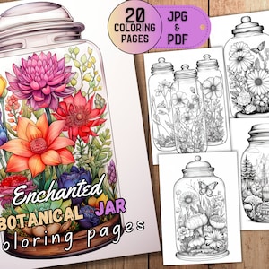 20 Enchanted Botanical Life in Jar Coloring Page, Floral Coloring, Flower Coloring, Adult Coloring Page, Botanical Coloring,Fantasy Coloring