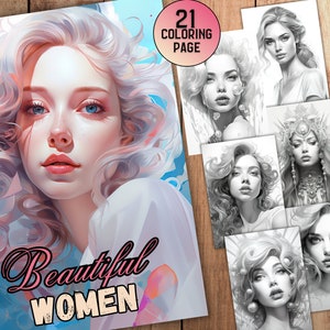 21 Aesthetic Women Coloring Pages - Adult & Kinds Coloring - Printable Coloring Pages - Grayscale Coloring Book - A4 - US Letter -PDF - JPEG
