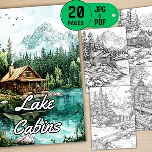 20 Beautiful Lake Cabins in the Forest Coloring Pages, Adult and Kids Coloring, Digital Download, Printable, Forest Coloring, Wooden Houses