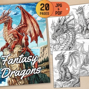 20 Realistic Fantasy Dragons Coloring Book, Adult and Kids Coloring Book, Fantasy Coloring Pages, Coloring App Ready,