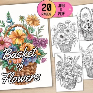 20 Basket of Blooming Flowers Coloring Pages for Adults and Kids, Flower Coloring, Floral Coloring, Digital Download, Printable Coloring