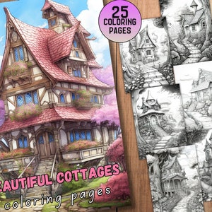 25 Beautiful Cottages Coloring Pages Pt.2 | Adult & Kids Coloring Pages - Grayscale -Digital Download -JPG -PDF