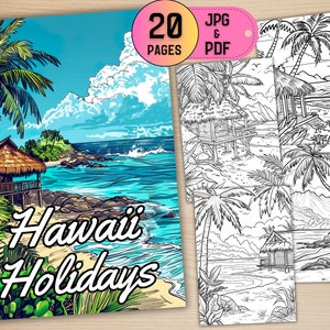 子供と大人向けのハワイのビーチぬり絵 20 ページ (JPG および PDF 形式)、ホリデーぬり絵ブック、ビーチぬり絵、ぬり絵アプリ対応